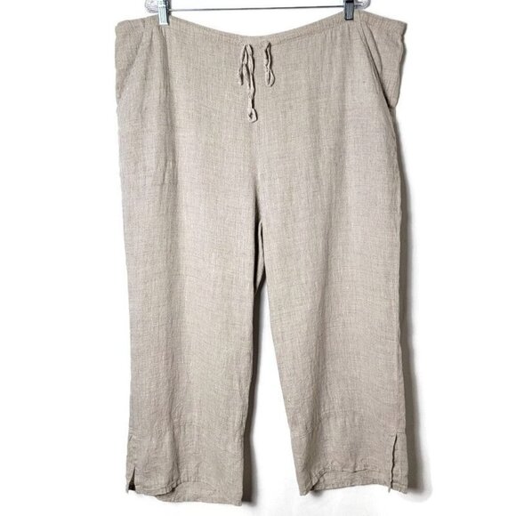 Match Point USA Beige Linen Lagenlook Boho Drawstring Cropped Pants XL Pockets - Picture 1 of 11